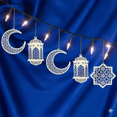 MZ1261200269MRTS Pack 0f 05 Pcs Ramzan & Eid Decorative Wooden Wall Hangings With Rope I Crescent Moon & Lantern Wooden String
