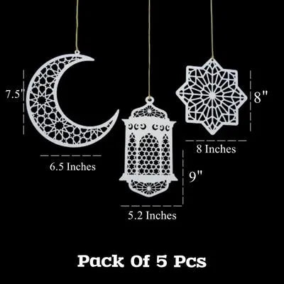 MZ1261200269MRTS Pack 0f 05 Pcs Ramzan & Eid Decorative Wooden Wall Hangings With Rope I Crescent Moon & Lantern Wooden String