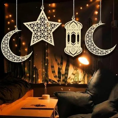MZ1261200269MRTS Pack 0f 05 Pcs Ramzan & Eid Decorative Wooden Wall Hangings With Rope I Crescent Moon & Lantern Wooden String
