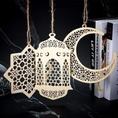MZ1261200269MRTS Pack 0f 05 Pcs Ramzan & Eid Decorative Wooden Wall Hangings With Rope I Crescent Moon & Lantern Wooden String